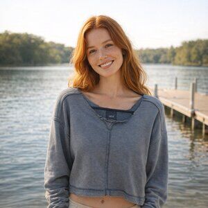 Aerie Distressed Aegean Blue Sweatshirt Size extra Small